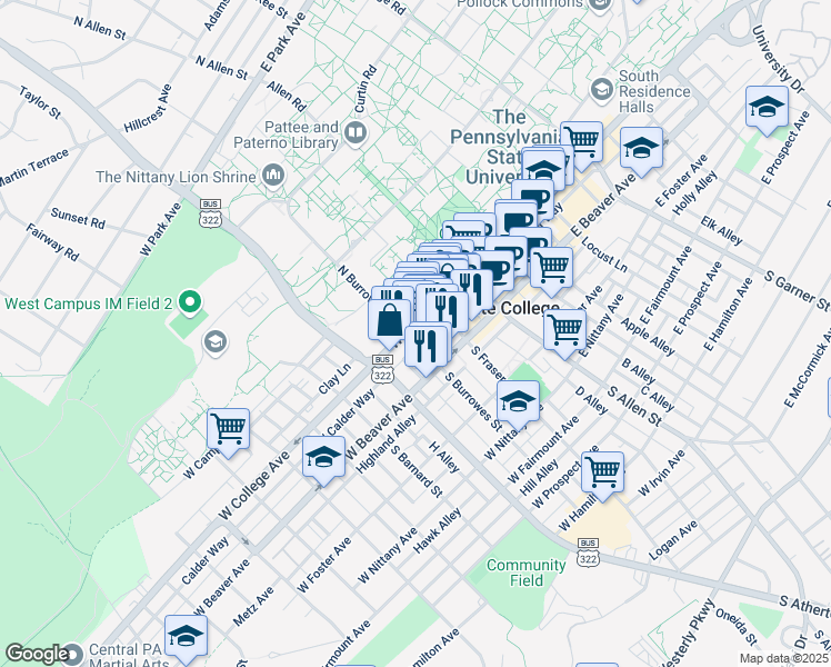 map of restaurants, bars, coffee shops, grocery stores, and more near 244 West College Avenue in State College