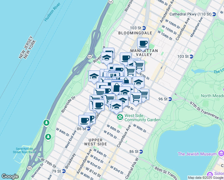 map of restaurants, bars, coffee shops, grocery stores, and more near 240 West 93rd Street in New York