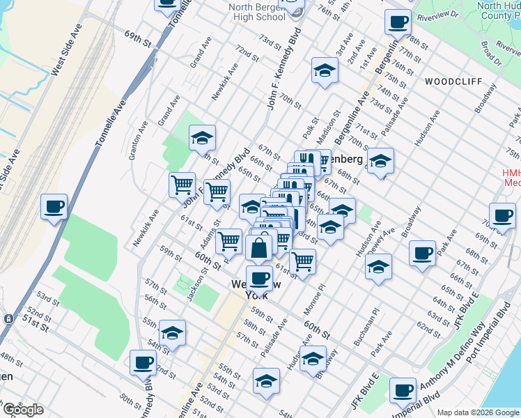 map of restaurants, bars, coffee shops, grocery stores, and more near 6215 Polk Street in West New York