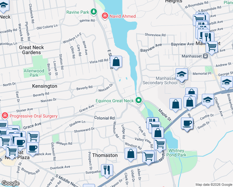 map of restaurants, bars, coffee shops, grocery stores, and more near 175 East Shore Road in Great Neck