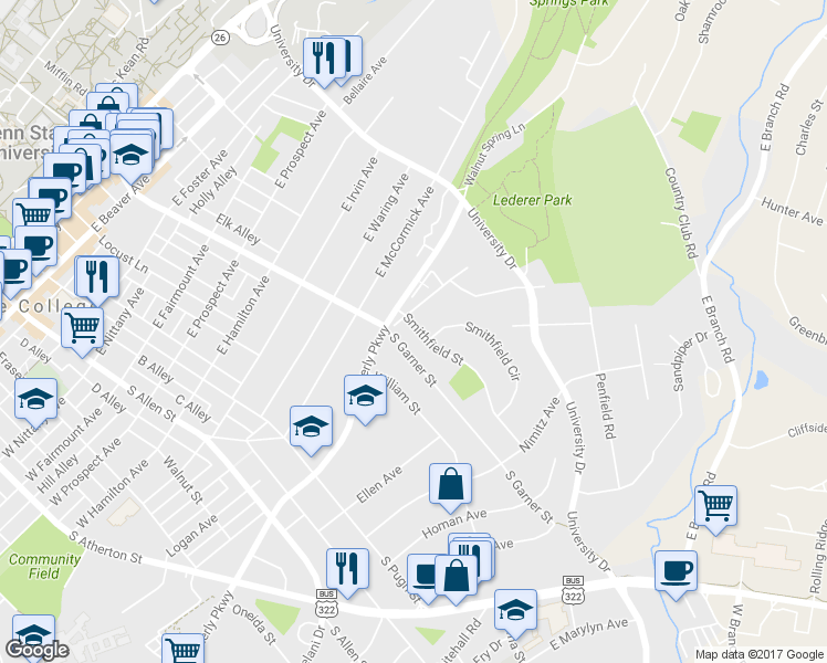map of restaurants, bars, coffee shops, grocery stores, and more near 1116 Smithfield Street in State College