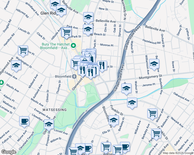 map of restaurants, bars, coffee shops, grocery stores, and more near 10 Washington Street in Bloomfield