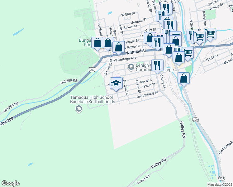 map of restaurants, bars, coffee shops, grocery stores, and more near 502 Penn Street in Tamaqua