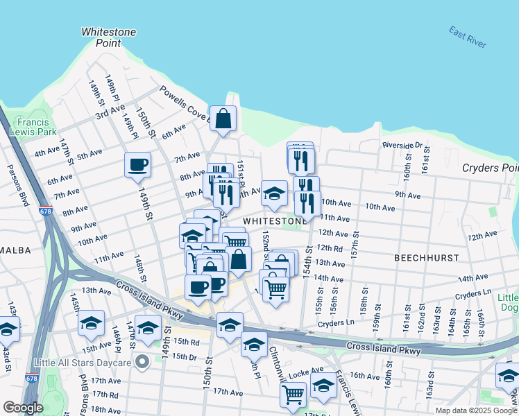 map of restaurants, bars, coffee shops, grocery stores, and more near 151-57 11th Avenue in Queens