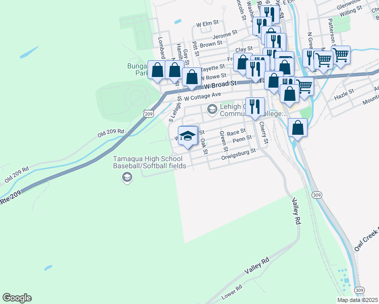 map of restaurants, bars, coffee shops, grocery stores, and more near 500 Penn Street in Tamaqua