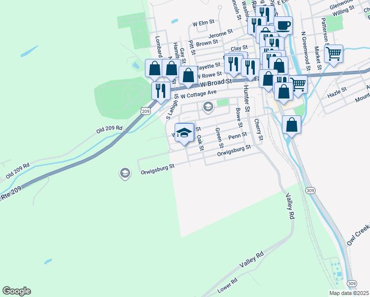 map of restaurants, bars, coffee shops, grocery stores, and more near 502 Penn Street in Tamaqua