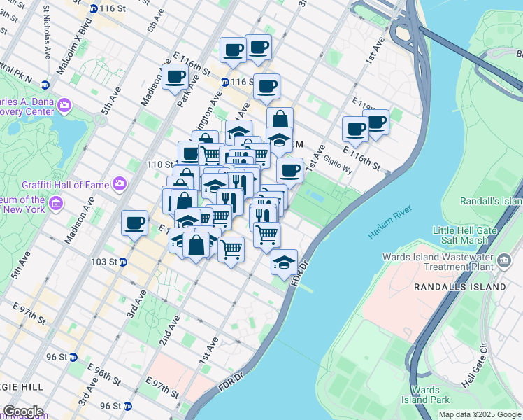 map of restaurants, bars, coffee shops, grocery stores, and more near 326 East 110th Street in New York