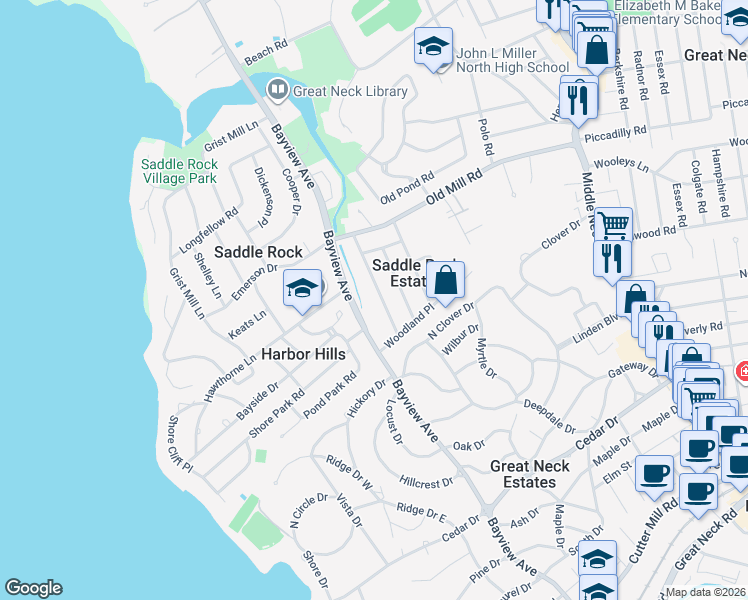 map of restaurants, bars, coffee shops, grocery stores, and more near 17 Parkside Drive in Great Neck