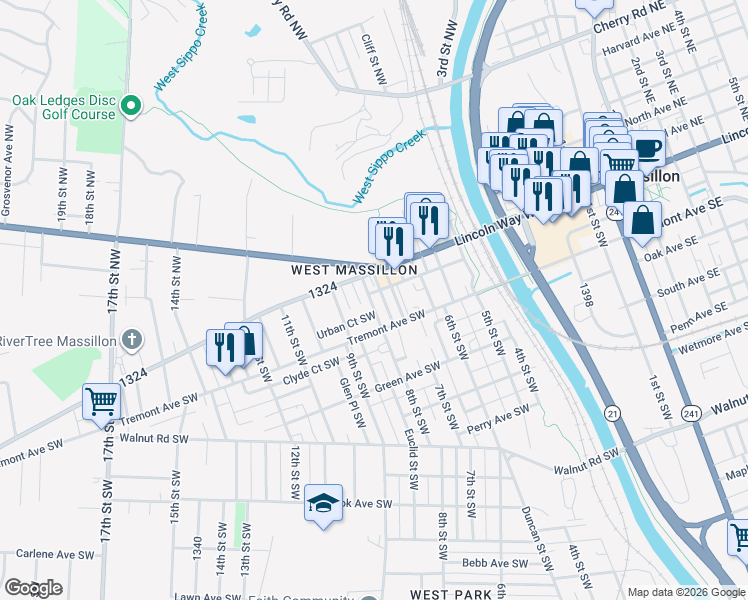 map of restaurants, bars, coffee shops, grocery stores, and more near 105 7th Street Southwest in Massillon