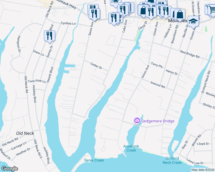 map of restaurants, bars, coffee shops, grocery stores, and more near 79 Lake Avenue in Center Moriches