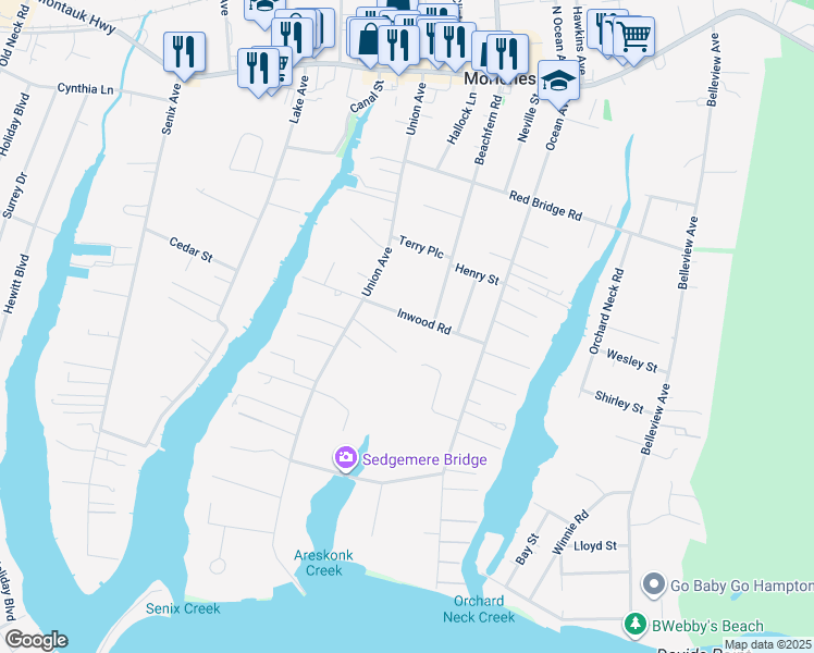map of restaurants, bars, coffee shops, grocery stores, and more near 18 Inwood Road in Center Moriches