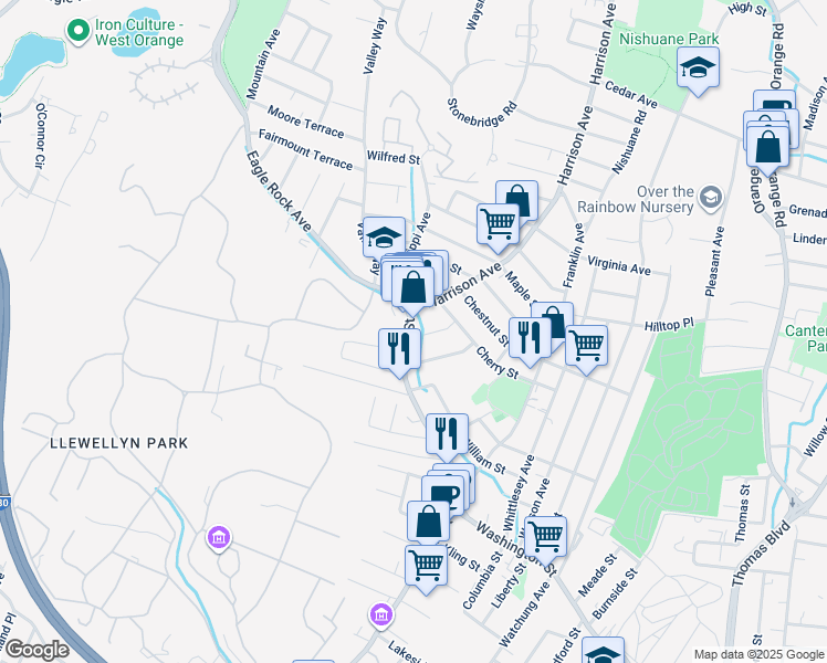 map of restaurants, bars, coffee shops, grocery stores, and more near 424 Main Street in West Orange