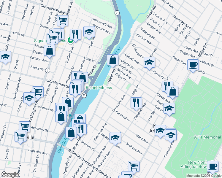 map of restaurants, bars, coffee shops, grocery stores, and more near 9 Cedar Street in North Arlington