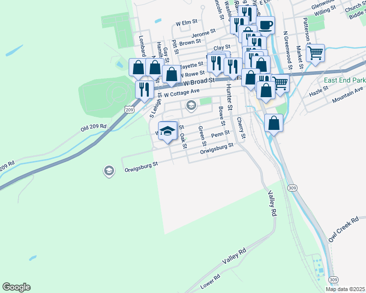map of restaurants, bars, coffee shops, grocery stores, and more near 242 Penn Street in Tamaqua