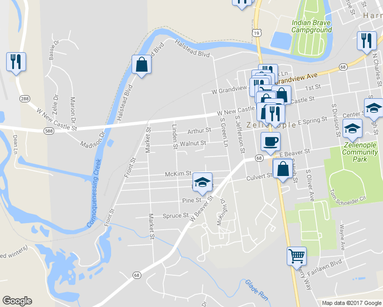 map of restaurants, bars, coffee shops, grocery stores, and more near 213 Ziegler Street Extension in Zelienople