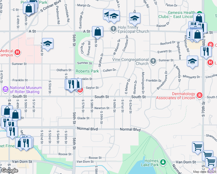 map of restaurants, bars, coffee shops, grocery stores, and more near 1941 Manor Court in Lincoln
