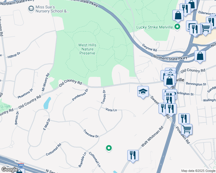 map of restaurants, bars, coffee shops, grocery stores, and more near 1 Tuxedo Drive in Melville
