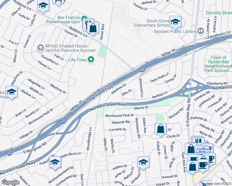 map of restaurants, bars, coffee shops, grocery stores, and more near 43 Berkley Lane in Syosset