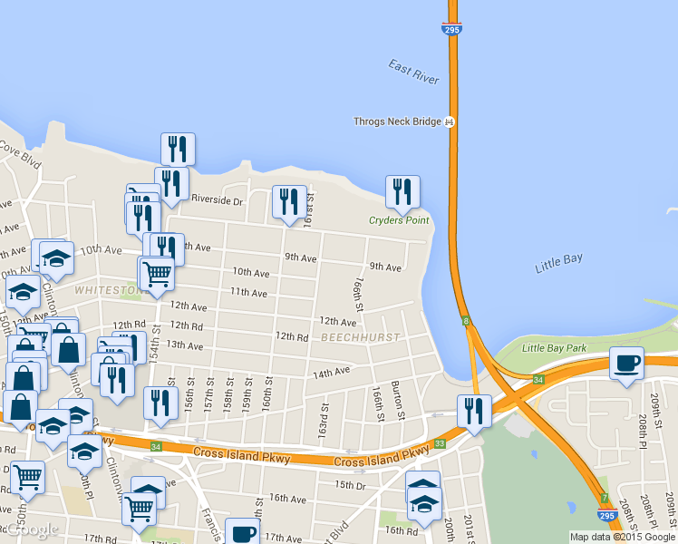 map of restaurants, bars, coffee shops, grocery stores, and more near 162-40 9th Avenue in Queens