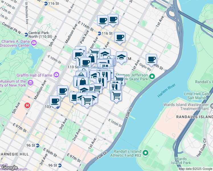 map of restaurants, bars, coffee shops, grocery stores, and more near 300 East 109th Street in New York