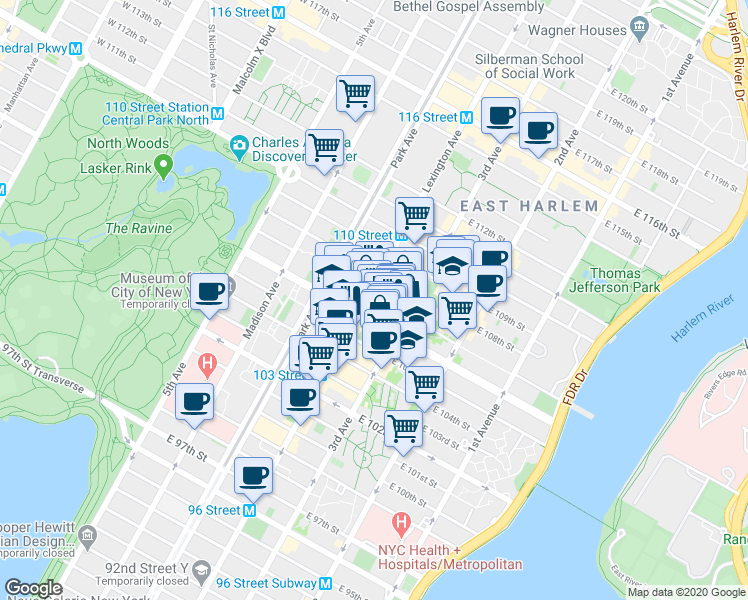 map of restaurants, bars, coffee shops, grocery stores, and more near 156 East 107th Street in New York