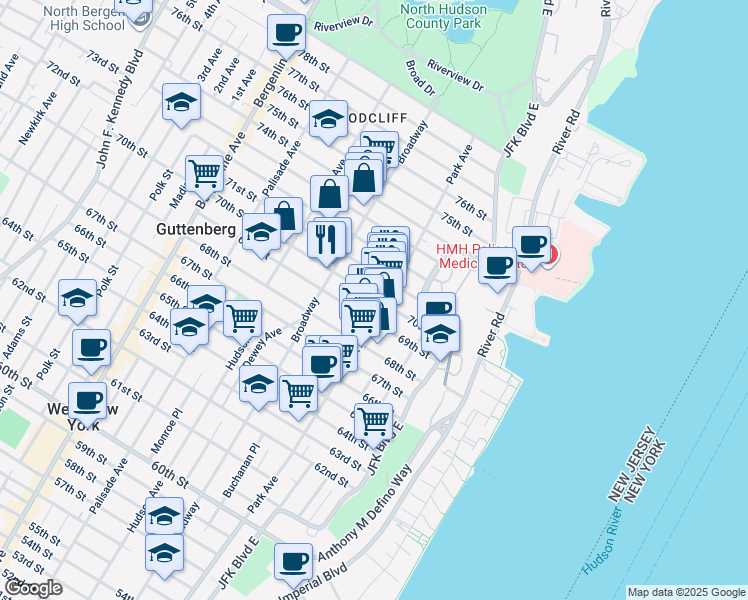 map of restaurants, bars, coffee shops, grocery stores, and more near 6900-4 Park Avenue in Guttenberg