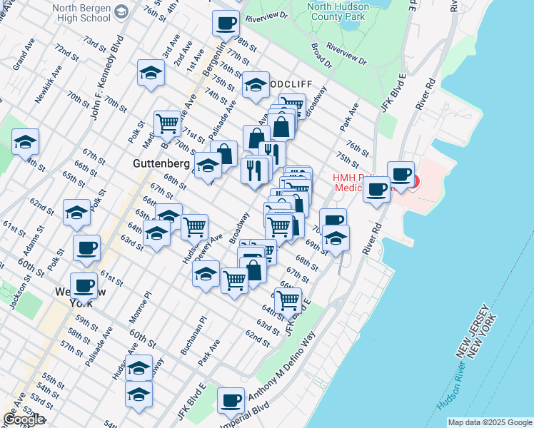 map of restaurants, bars, coffee shops, grocery stores, and more near 137 69th Street in Guttenberg