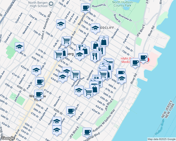 map of restaurants, bars, coffee shops, grocery stores, and more near 209 68th Street in Guttenberg