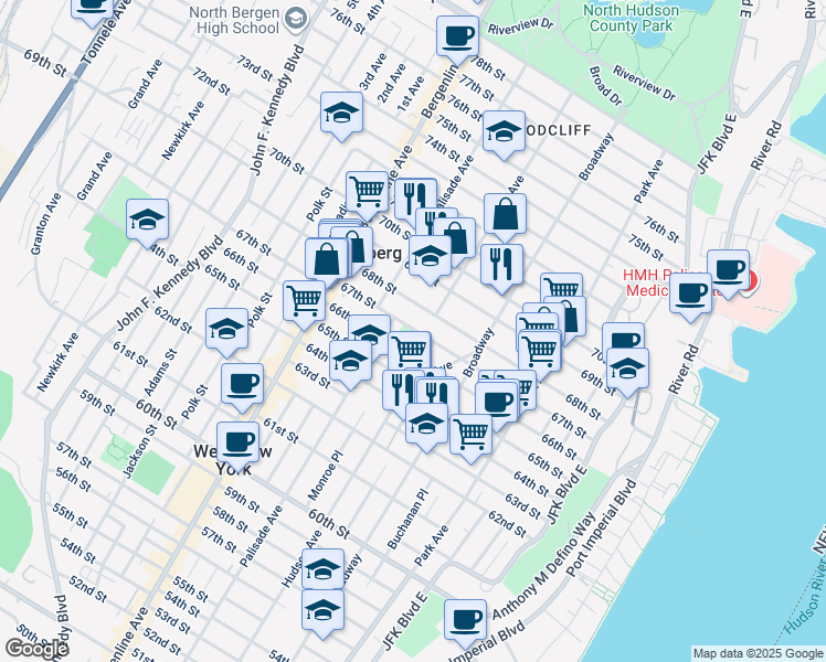 map of restaurants, bars, coffee shops, grocery stores, and more near 300 67th Street in West New York