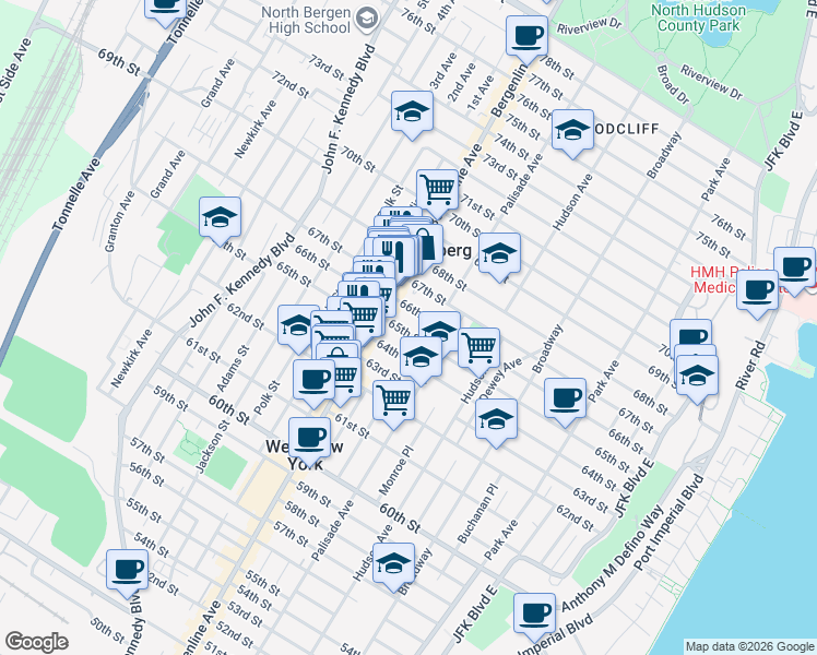 map of restaurants, bars, coffee shops, grocery stores, and more near 418 65th Street in West New York