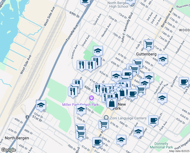 map of restaurants, bars, coffee shops, grocery stores, and more near 642 61st Street in West New York