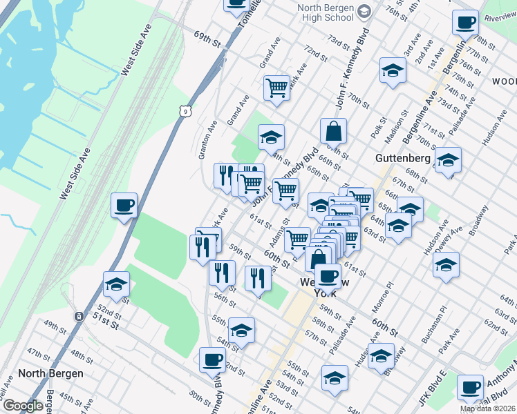 map of restaurants, bars, coffee shops, grocery stores, and more near 642 61st Street in West New York