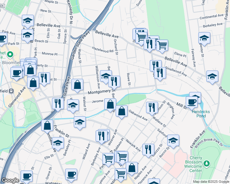 map of restaurants, bars, coffee shops, grocery stores, and more near 339 Berkeley Avenue in Bloomfield