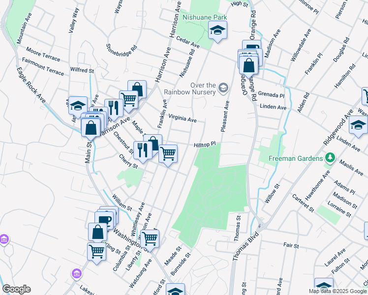 map of restaurants, bars, coffee shops, grocery stores, and more near 12 High Street in West Orange