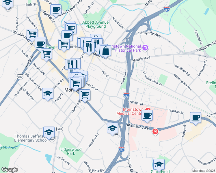 map of restaurants, bars, coffee shops, grocery stores, and more near 11 Franklin Place in Morristown