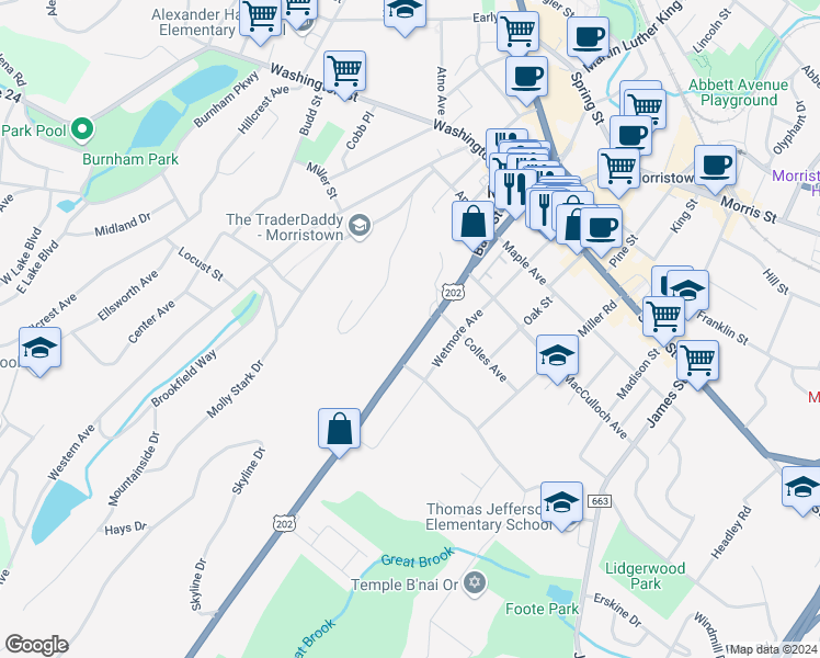 map of restaurants, bars, coffee shops, grocery stores, and more near 41 Mount Kemble Avenue in Morristown