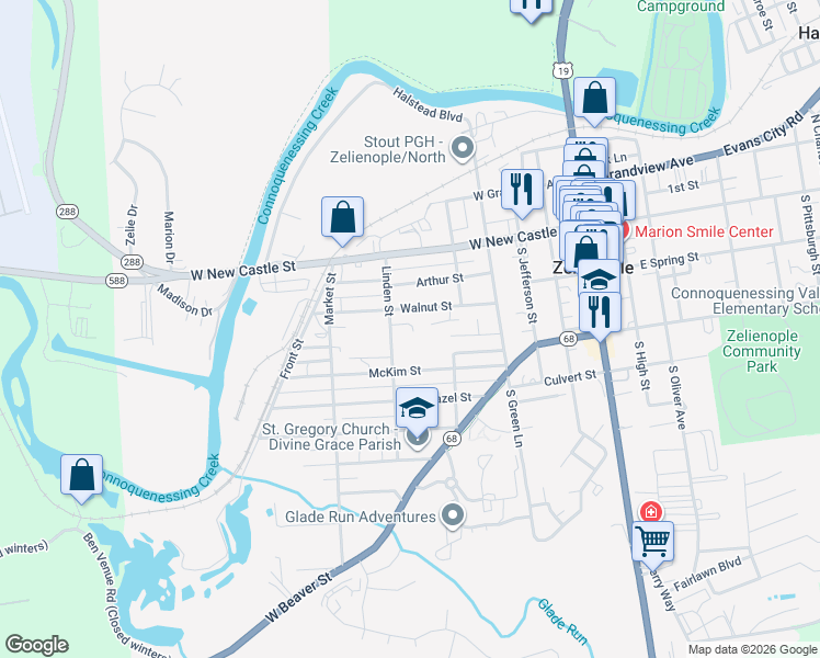 map of restaurants, bars, coffee shops, grocery stores, and more near 213 Ziegler Street Extension in Zelienople