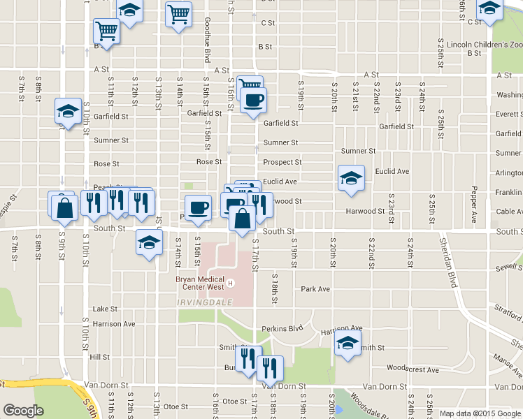 map of restaurants, bars, coffee shops, grocery stores, and more near 2035 South 18th Street in Lincoln