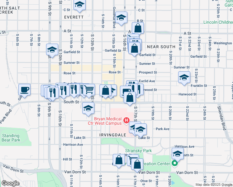 map of restaurants, bars, coffee shops, grocery stores, and more near 2033 South 16th Street in Lincoln