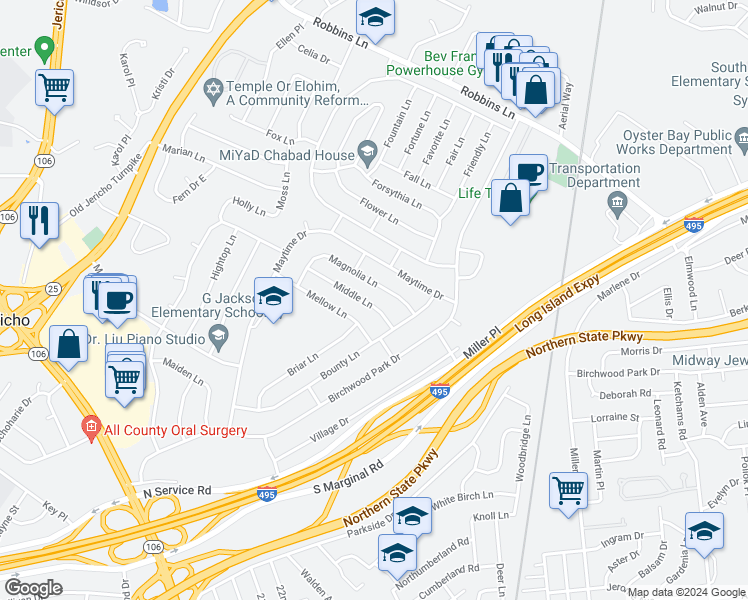 map of restaurants, bars, coffee shops, grocery stores, and more near 20 Middle Lane in Jericho