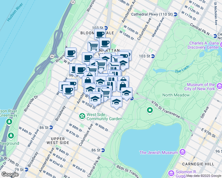 map of restaurants, bars, coffee shops, grocery stores, and more near 732 Columbus Avenue in New York