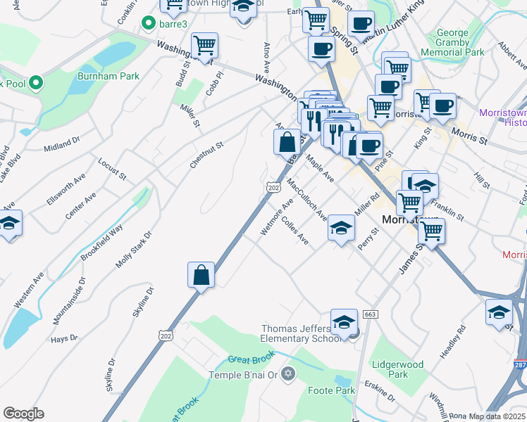 map of restaurants, bars, coffee shops, grocery stores, and more near 38 Mount Kemble Avenue in Morristown