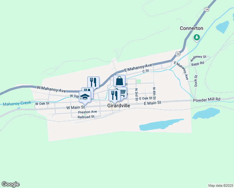 map of restaurants, bars, coffee shops, grocery stores, and more near North 2nd Street in Girardville