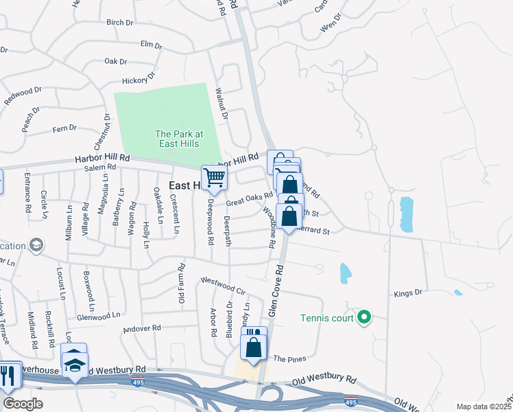 map of restaurants, bars, coffee shops, grocery stores, and more near 9 Woodbine Road in Roslyn Heights
