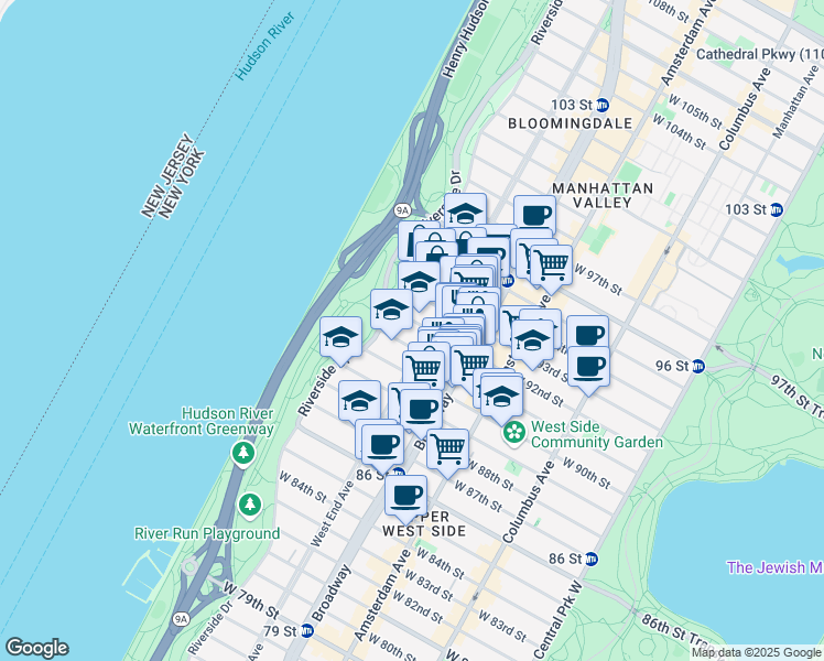 map of restaurants, bars, coffee shops, grocery stores, and more near 302 West 92nd Street in New York