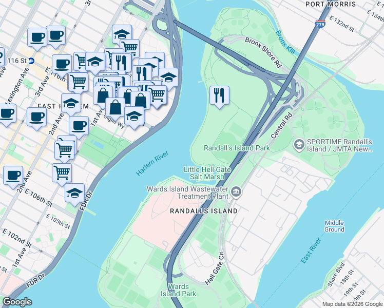 map of restaurants, bars, coffee shops, grocery stores, and more near Little Hell Gate Bridge in New York