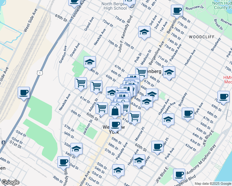 map of restaurants, bars, coffee shops, grocery stores, and more near 6215 Polk Street in West New York