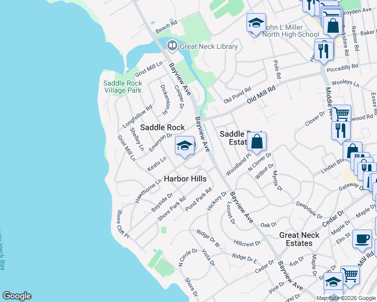 map of restaurants, bars, coffee shops, grocery stores, and more near 10 Hawthorne Lane in Great Neck