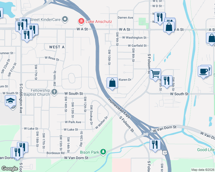 map of restaurants, bars, coffee shops, grocery stores, and more near 1002 West South Street in Lincoln