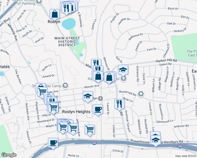 map of restaurants, bars, coffee shops, grocery stores, and more near 1 Railroad Avenue in Roslyn Heights